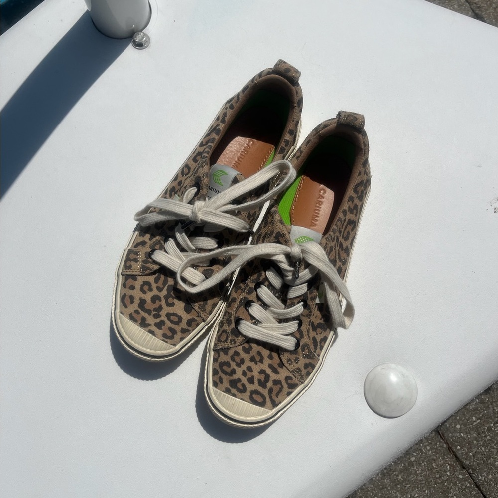 Brown and Beige Leopard Print Low-Top Sneakers